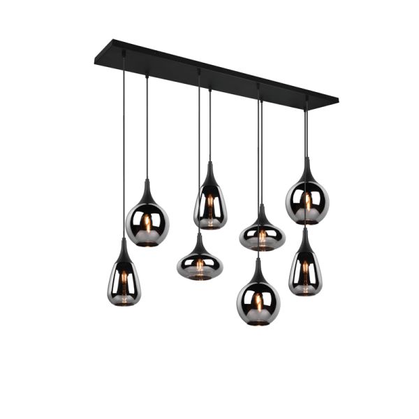 Luminária de teto pingente preta vidro fumê 8 luzes 40 W vista frontal ligada