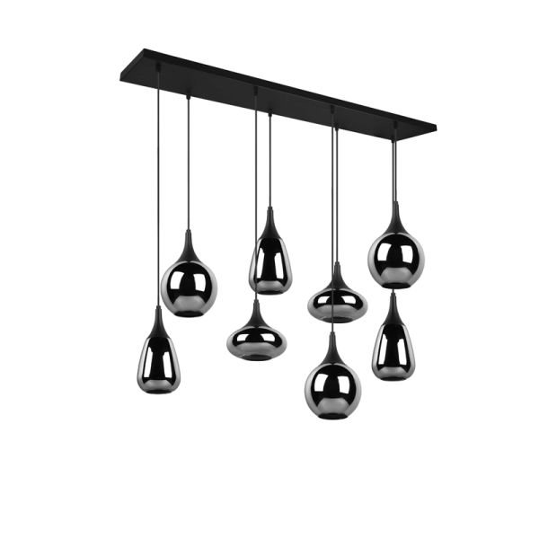 Luminária de teto pingente preta vidro fumê 8 luzes 40W vista frontal desligada