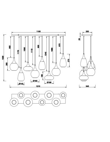 Lámpara de techo colgante negra vidrio ahumado 8 luces 40W detalles técnicos producto