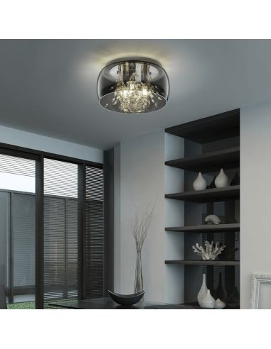 Plafonnier en verre fumé noir avec plusieurs luminaires de 28W dans un salon