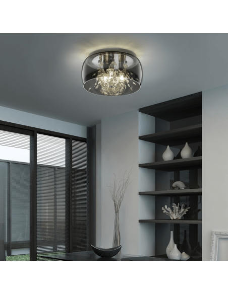 Plafonnier en verre fumé noir avec plusieurs luminaires de 28W dans un salon