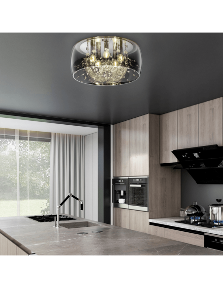 Plafón de techo negro vidrio ahumado 5 luces 28W en una cocina