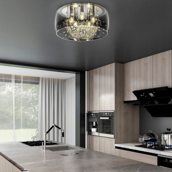 Plafon preto de vidro fumê 5 luzes 28W em uma cozinha