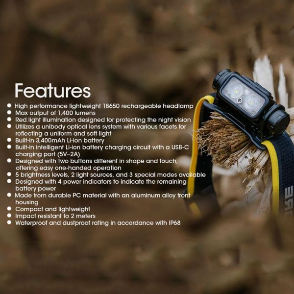 Linterna LED frontal recargable NU43 1400lm carga rápida USB-C características fabricante | LeonLeds