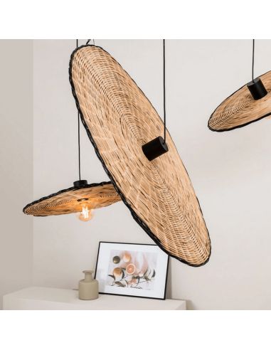Suspension en forme de soucoupe noire et rotin Costas ø1000 Faro Barcelona 68590-70 Amb | LéonLeds