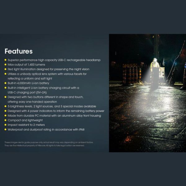 Linterna frontal recargable NU50 carga rápida USB-C 142m | LeonLeds