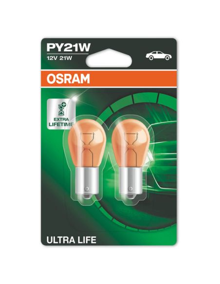 Bombilla Ambar Halogena Ultra Life PY21W 12V 2 Unds. 7507ULT-02B 21W Cristal Ambar | LeonLeds