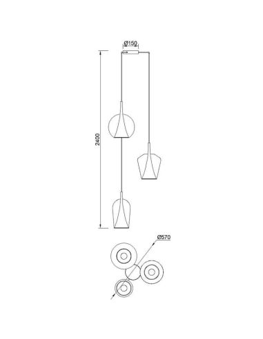 Plafonnier suspendu en verre Elsa avec 3 lumières Ball, Bell et Champ mesures