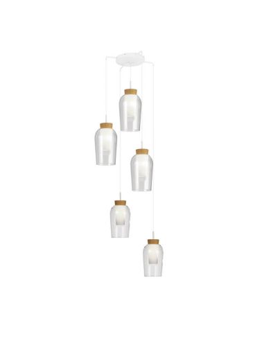 Suspension Crystal Nora 5 Lumières E27 base ronde Ø 63cm - blanc/bois, noir/marbre, or/blanc