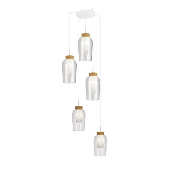 Lámpara de Techo Colgante de cristal Nora 5 Luces E27 base redonda Ø 63cm - blanco/madera