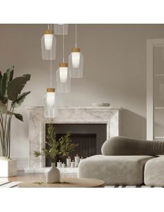 Lámpara de Techo Colgante de cristal Nora 5 Luces E27 base redonda Ø 63cm - blanco/madera 2