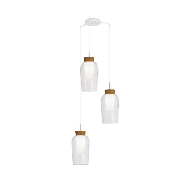 Lámpara de Techo Colgante de cristal Nora 3 Luces E27 base redonda Ø 53cm - blanco/madera