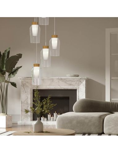 Lámpara de Techo Colgante de cristal Nora 3 Luces E27 base redonda Ø 53cm - blanco/madera ambiente