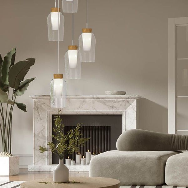 Lámpara de Techo Colgante de cristal Nora 3 Luces E27 base redonda Ø 53cm - blanco/madera ambiente