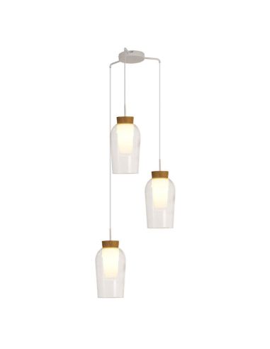 Lámpara de Techo Colgante de cristal Nora 3 Luces E27 base redonda Ø 53cm - blanco/madera luz