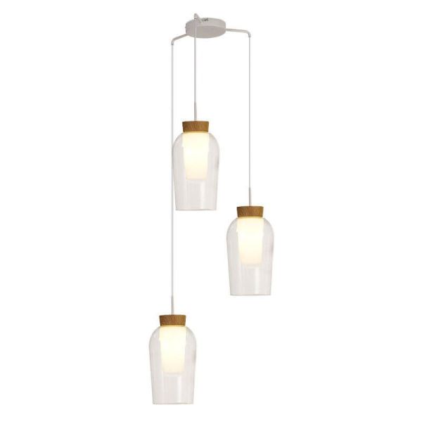 Lámpara de Techo Colgante de cristal Nora 3 Luces E27 base redonda Ø 53cm - blanco/madera luz