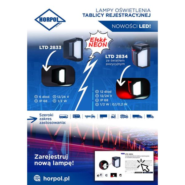 Piloto de matricula con luz de posición LED Neon Homologada 12/24V LTD 2834 L R1 Horpol | LeonLeds