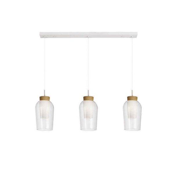 Lámpara de Techo Colgante de cristal Nora 3 Luces E27 base recta 18 cm - blanco/madera