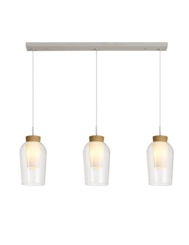Lámpara de Techo Colgante de cristal Nora 3 Luces E27 base recta 18 cm - blanco/madera luz