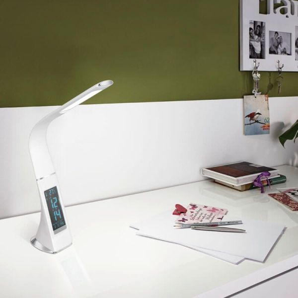 Candeeiro de mesa LED Cognoli em pele branca com relógio 97915 Eglo | leonleds