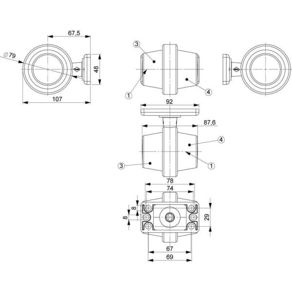 Medidas Piloto LED intermitente redondo Categoria 5 12V 24V EMC R10 HOR 102A Horpol | LeonLeds