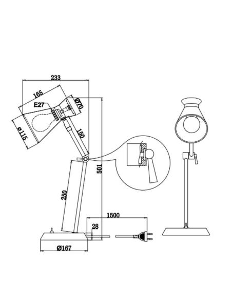Medições de candeeiro de mesa de metal flexível Enzo 1xE27 10W