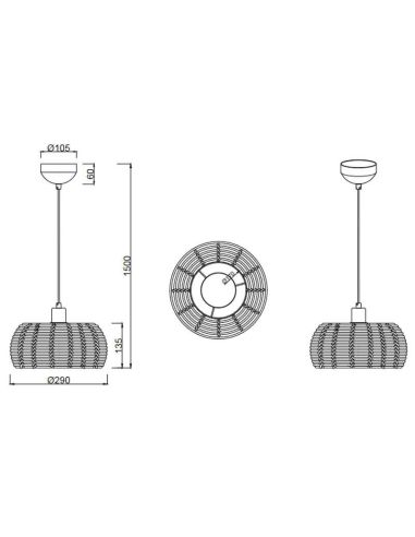 Lámpara de techo colgante rattan natural altura ajustable Inga 1xE27 40W medidas