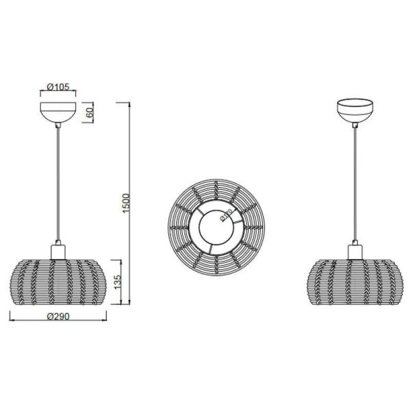 Lámpara de techo colgante rattan natural altura ajustable Inga 1xE27 40W medidas