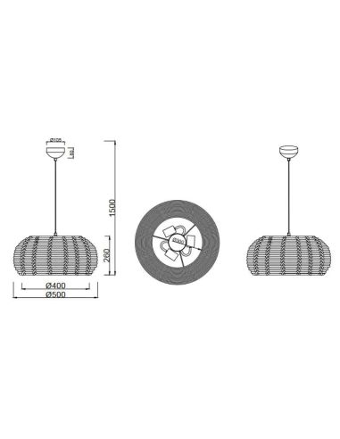 Luminária de teto suspensa em rattan natural altura regulável Inga 3xE27 40W medidas