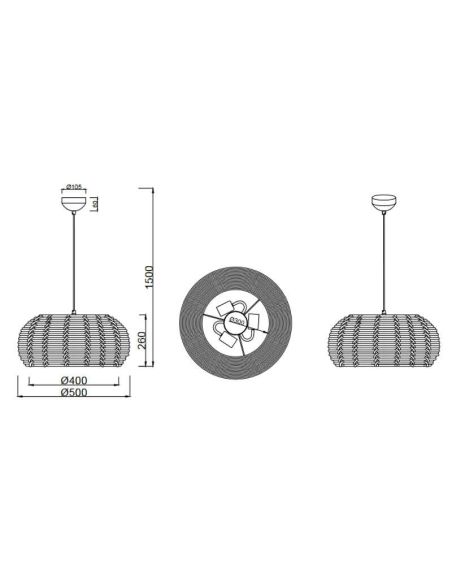 Luminária de teto suspensa em rattan natural altura regulável Inga 3xE27 40W medidas