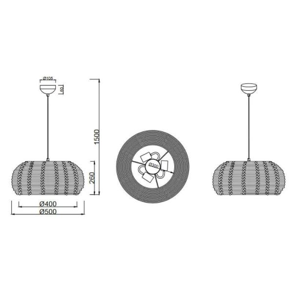 Plafonnier suspension en rotin naturel hauteur réglable Inga 3xE27 40W dimensions