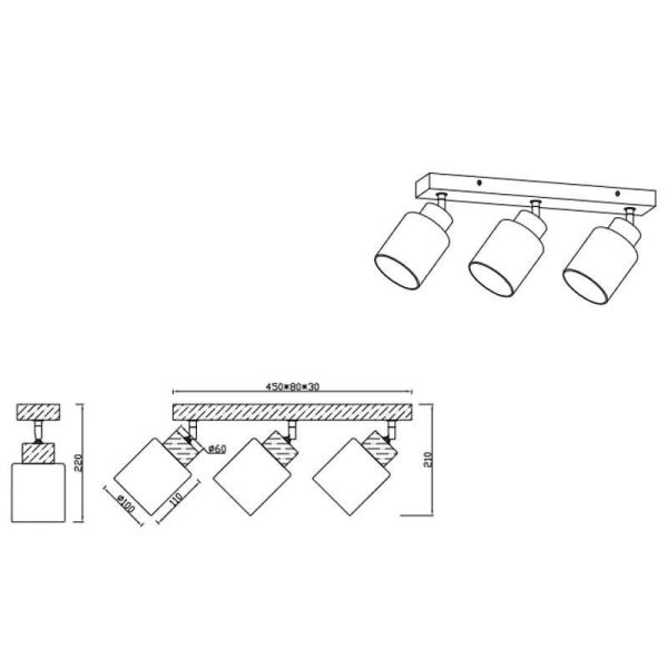Spot plafond et applique en bois naturel Assam 3xE14 25W dimensions