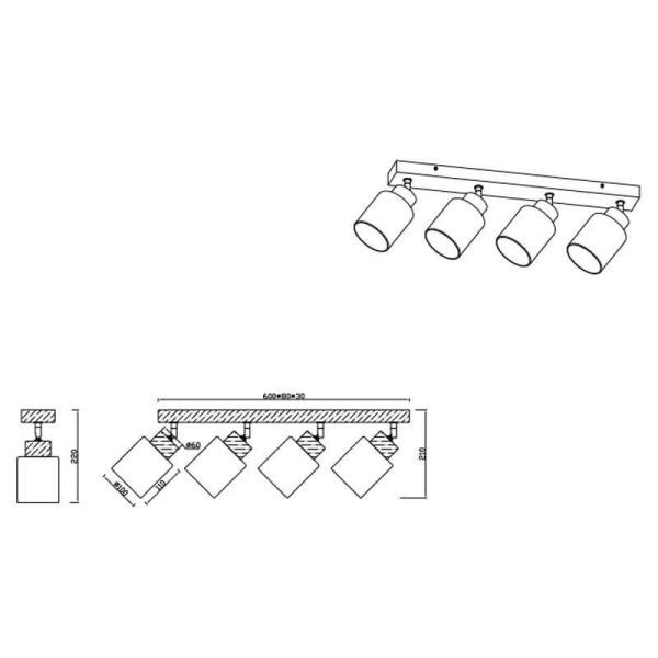 Foco de techo y pared madera natural Assam 4xE14 25W medidas