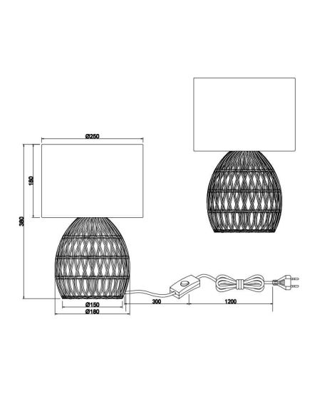 Lampe de table en rotin naturel 1xE27 40W mesures Rike