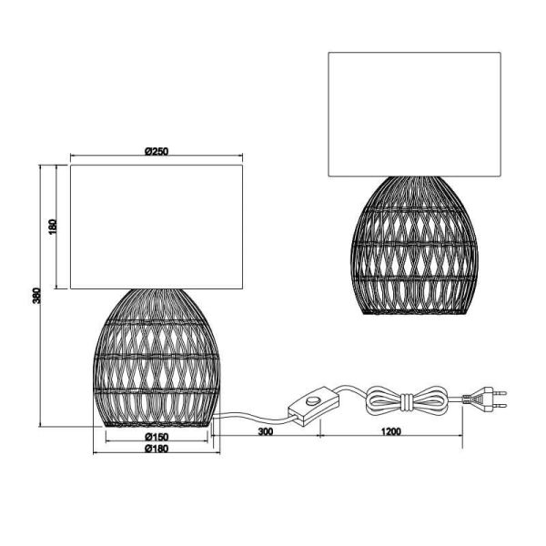 Lámpara de sobremesa rattan natural 1xE27 40W Rike medidas