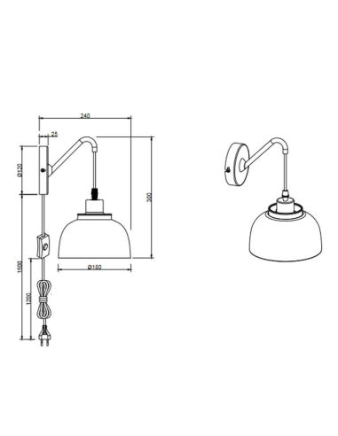 Aplique de pared negro metálico 1xE27 40W Punch medidas