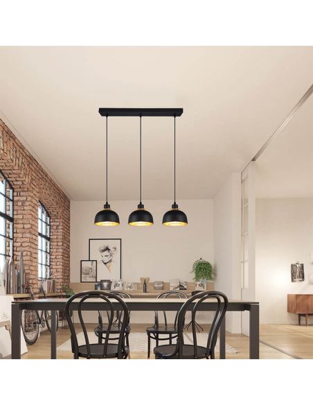 Candeeiro de teto suspenso em metal preto e dourado 3 luzes E27 40W Punch atmosfera