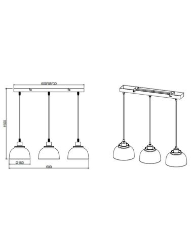 Plafonnier suspension en métal noir et doré 3 Lumières E27 40W Mesures Punch
