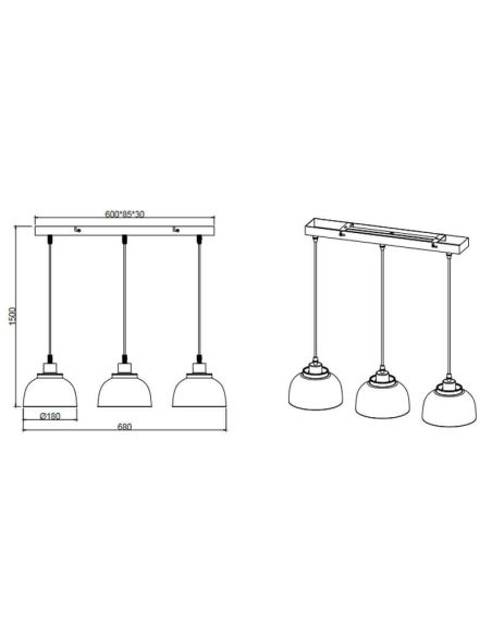 Plafonnier suspension en métal noir et doré 3 Lumières E27 40W Mesures Punch