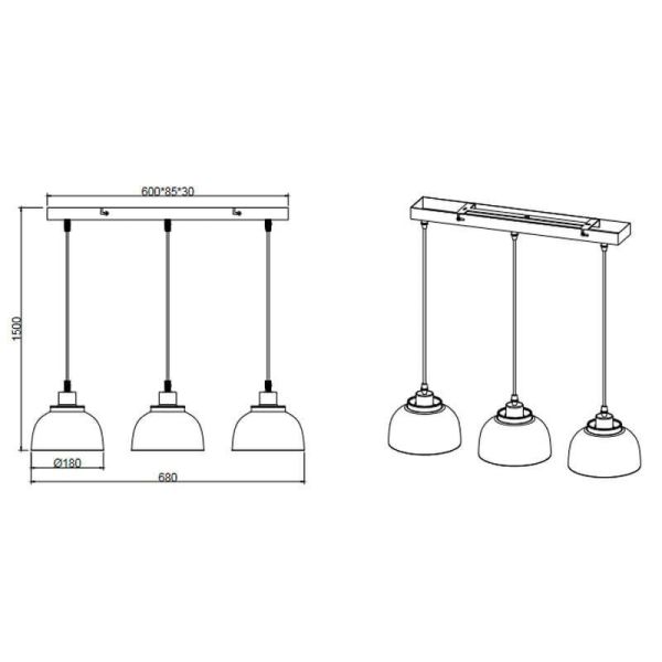 Plafonnier suspension en métal noir et doré 3 Lumières E27 40W Mesures Punch