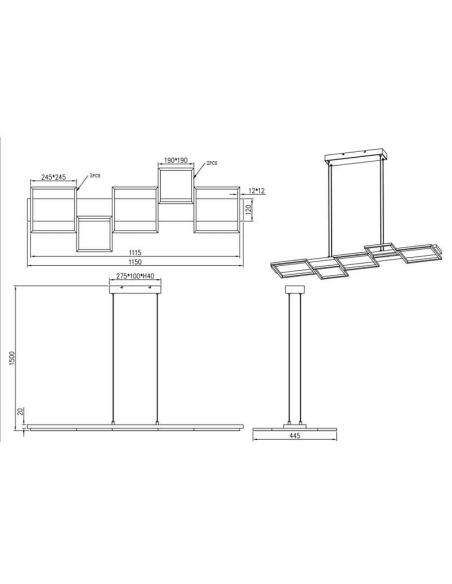 Detalhes técnicos da lâmpada de teto LED Harper de madeira preta e metal