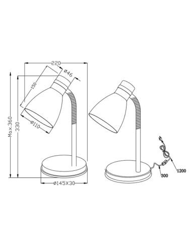 Détails techniques de la lampe de table LED noire Harvey