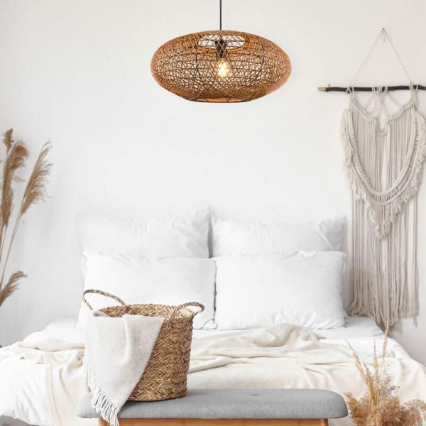 Plafonnier LED en fibre naturelle Hedda dans un salon