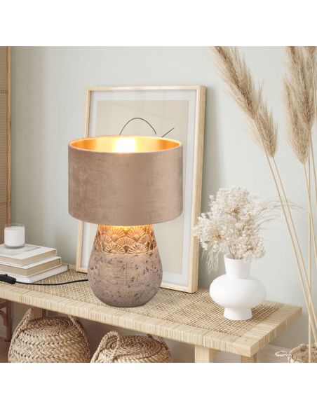 Candeeiro de mesa LED Kiran 60W em cerâmica ambiente e veludo bege