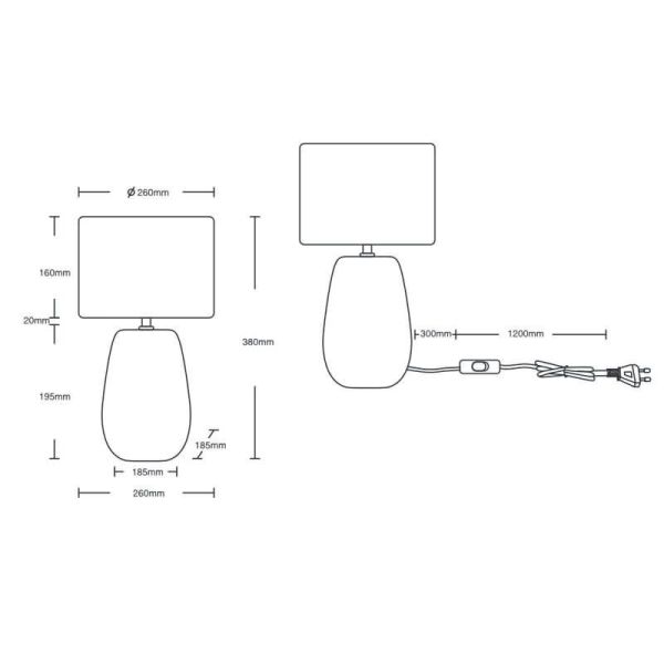 Lampe de table LED en céramique et velours Kiran 60W mesures