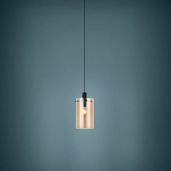 Lámpara colgante de techo de cristal Polverara Acero Negro/Vidrio ámbar 1XE27 18ø ambiente