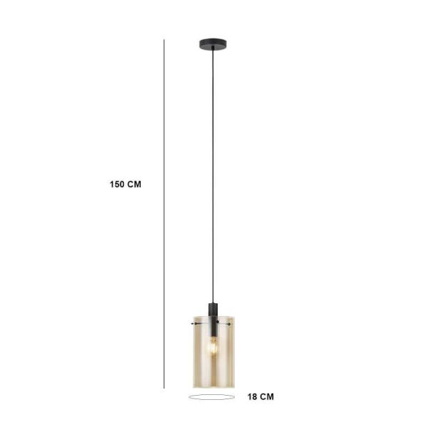Lámpara colgante de techo de cristal Polverara Acero Negro/Vidrio ámbar 1XE27 18ø medidas