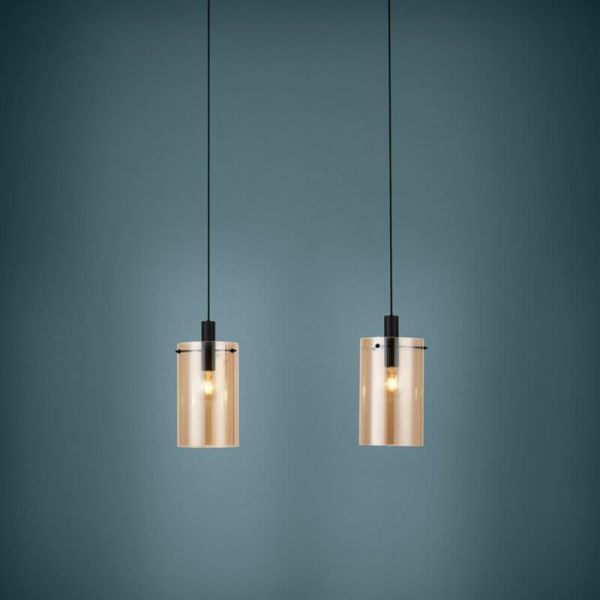 Lampe à suspension en verre Polverara Acier Noir/Verre Ambré 2XE27 18ø ambiance
