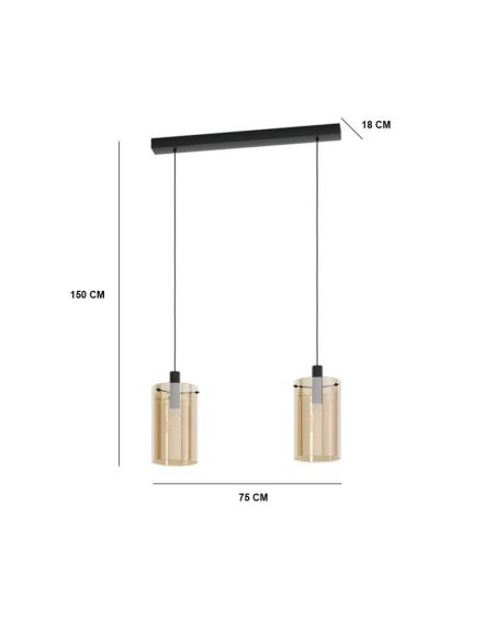 Lámpara colgante de techo de cristal Polverara Acero Negro/Vidrio ámbar 2XE27 18ø medidas