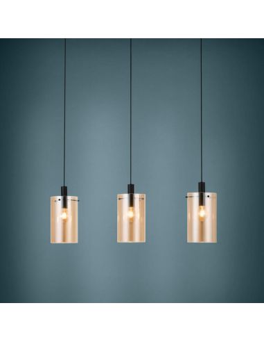 Lampe à suspension en verre Polverara Acier Noir/Verre Ambré 3XE27 18ø ambiance